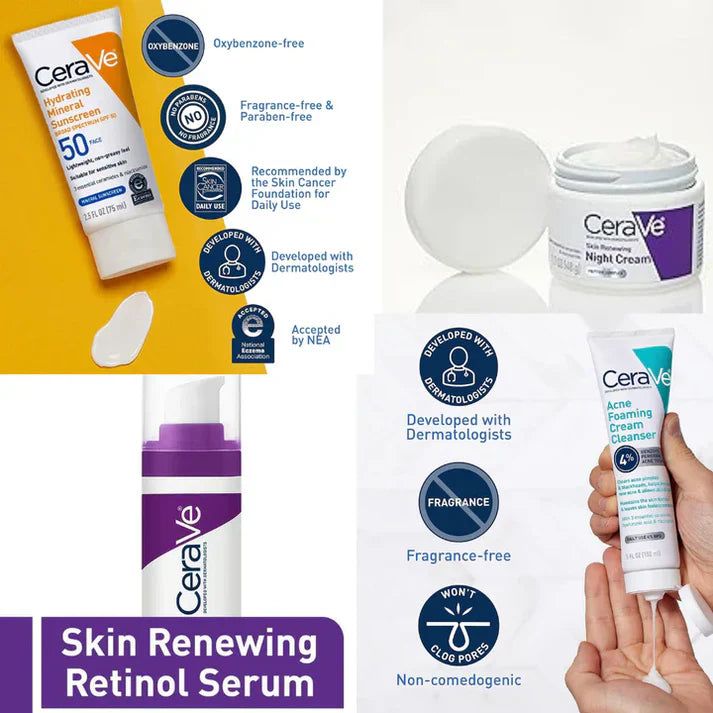 CeraVe 4-in-1 Skincare Kit | Cleanser, Serum, Night Cream & Sunblock