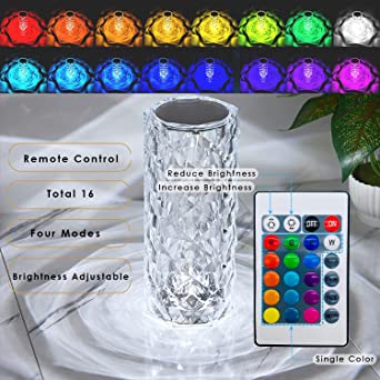Rose Diamond Crystal Table Lamp | 16-Color RGB Touch Lamp with Remote & USB Rechargeable