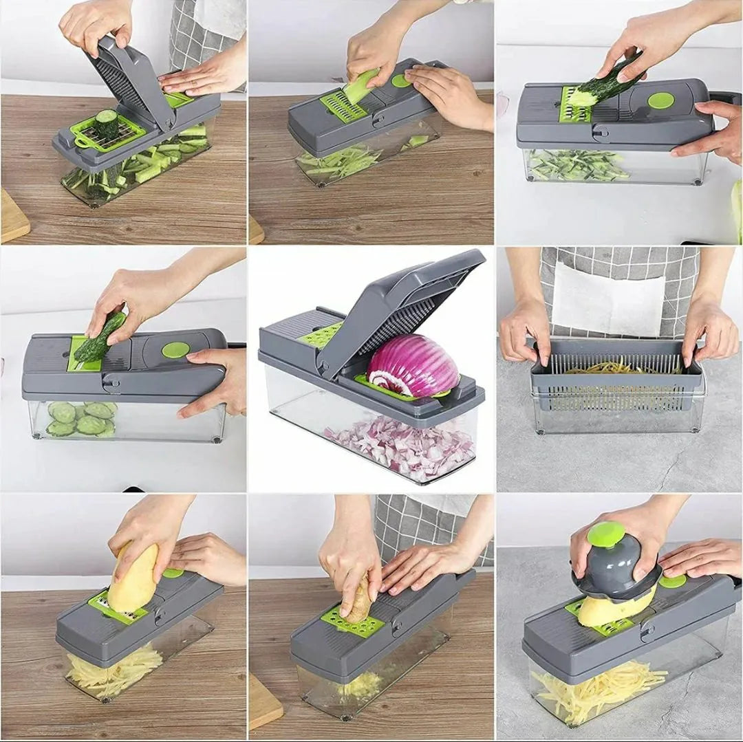 16-in-1 Multifunctional Vegetable Chopper & Mandoline Slicer with Container | Manual Food Cutter, Dicer & Grater