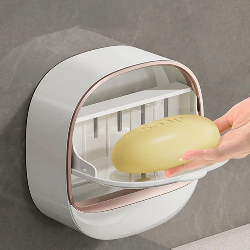 Pack of 2 Wall Mounted Soap Holder | Punch Free Soap Box with Drainage | Self Adhesive Soap Dish for Bathroom, Kitchen & Laundry | Space Saving Soap Storage Box | Random Color