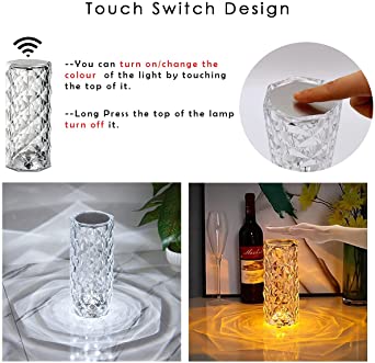 Rose Diamond Crystal Table Lamp | 16-Color RGB Touch Lamp with Remote & USB Rechargeable