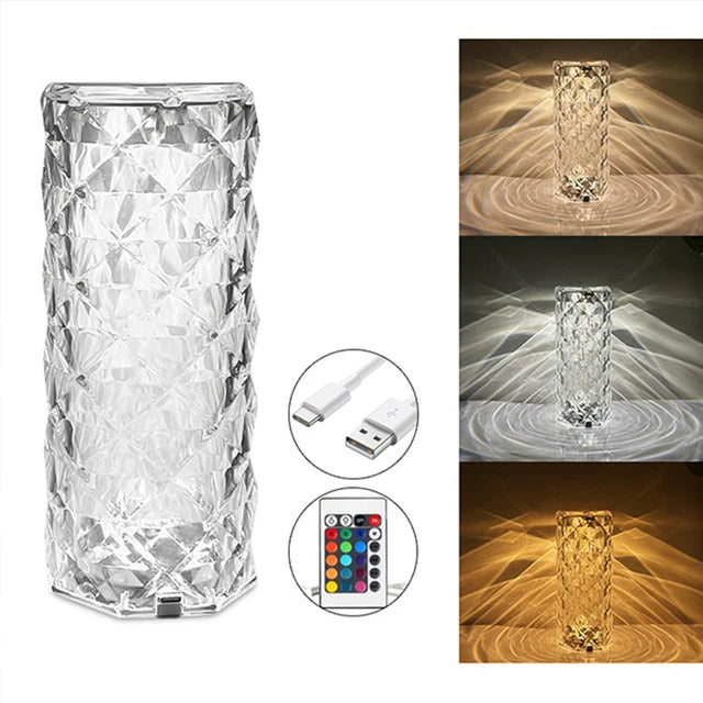 Rose Diamond Crystal Table Lamp | 16-Color RGB Touch Lamp with Remote & USB Rechargeable