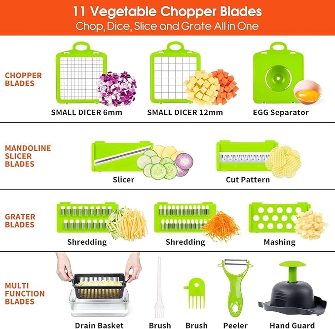 16-in-1 Multifunctional Vegetable Chopper & Mandoline Slicer with Container | Manual Food Cutter, Dicer & Grater
